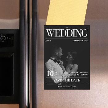 Small Magazine Editorial Newspaper Wedding Save The Date Magnetic Front View