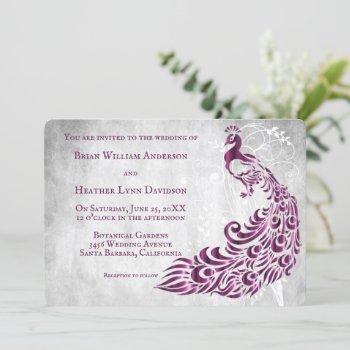 magenta peacock leaf vine wedding invitation