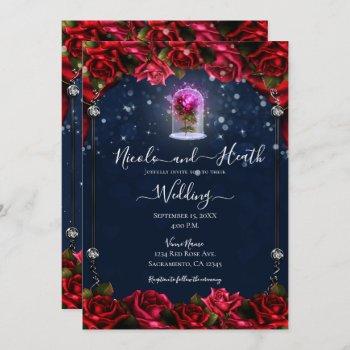 magical glow red rose silver navy blue wedding  invitation
