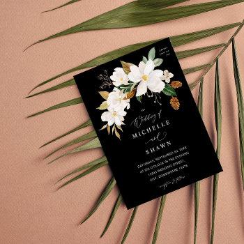 magnolia white floral wedding - black invitation