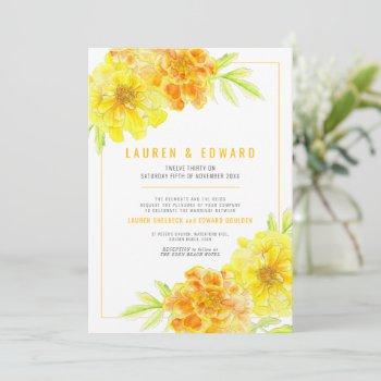 marigold yellow orange watercolor flowers wedding invitation