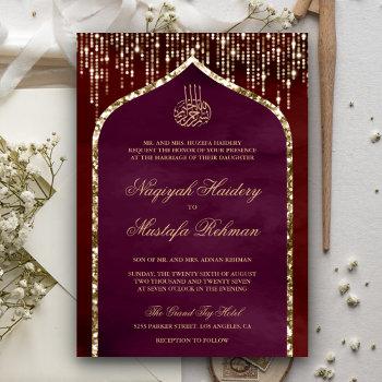 maroon and plum gold glitter arch muslim wedding invitation