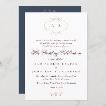 maroon burgundy navy blue traditional wedding invitation