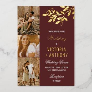 maroon gold berry twig 3 photos wedding foil invitation