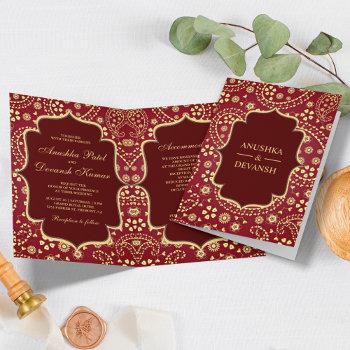 maroon gold paisley bollywood style indian wedding invitation