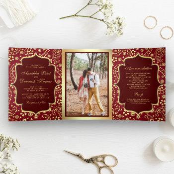 maroon gold paisley bollywood style indian wedding tri-fold invitation