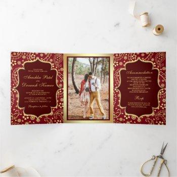 maroon gold paisley bollywood style indian wedding tri-fold invitation