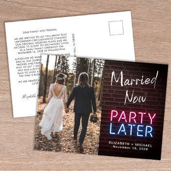 married now party later neon lights photo wedding announcement postcard