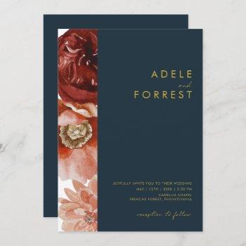 marsala autumn floral | navy all in one wedding invitation