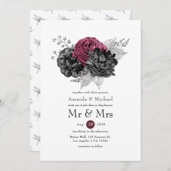 marsala, black and silver floral wedding invitation