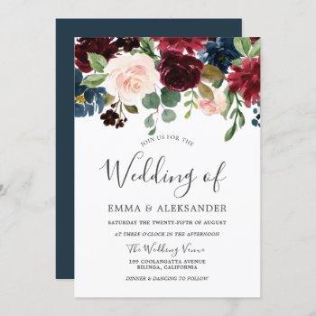Small Marsala Burgundy Red Wine Floral Wedding Invite Front View