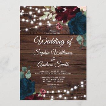 marsala & navy flowers rustic wood wedding invitation