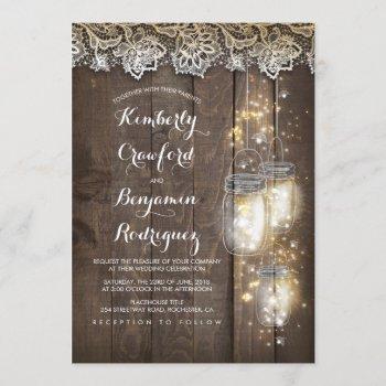 mason jar firefly lights and lace rustic wedding invitation