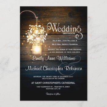 mason jar glowing lights floral rustic wedding invitation