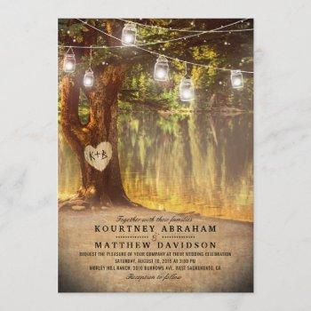 mason jars rustic tree lake twinkle lights wedding invitation