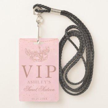 Small Masquerade Blush Rose Gold Glitter Sweet 16 Vip Badge Front View