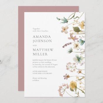 mauve chic spring delicate pressed florals wedding invitation
