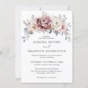 mauve dusty rose khaki floral wedding invitation