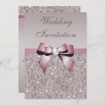 mauve gray sequins diamonds bow wedding invitation