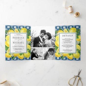 mediterranean tile lemon photo collage wedding tri-fold invitation