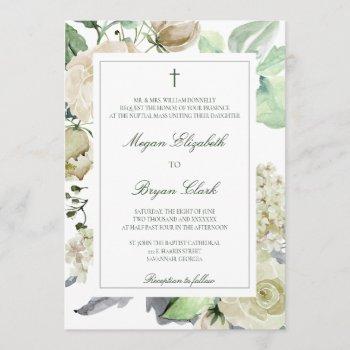 megan catholic floral watercolor greenery wedding invitation