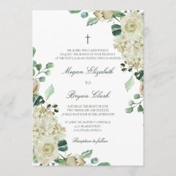 megan elegant greenery & cross catholic wedding invitation