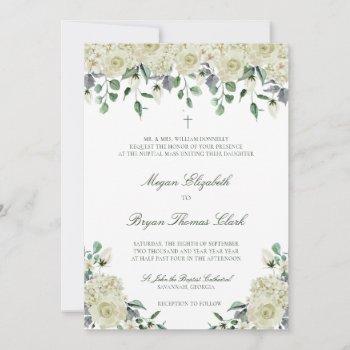 megan white roses & greenery catholic wedding invitation