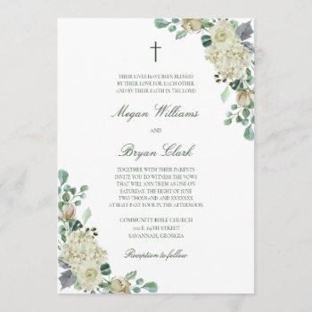 megan white roses greenery christian wedding invitation