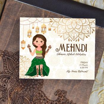 Small Mehndi Budget Invite With Cute Indian Henna Bride Front View
