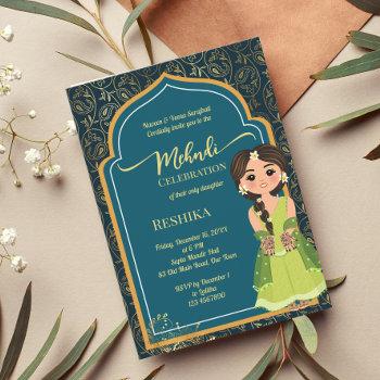 mehndi indian paisley teal green cute indian bride invitation