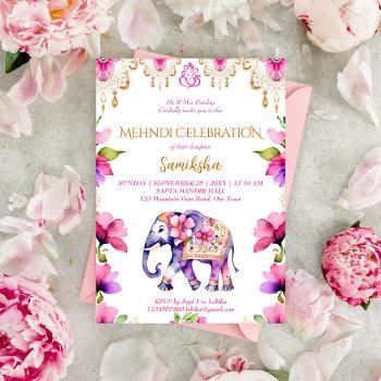 mehndi indian wedding elephant pink gold flowers invitation
