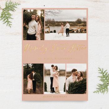 merrily ever after minimal 5 photo collage foil holiday card