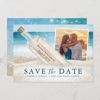 Small Message In A Bottle Photo Tropical Beach Wedding Save The Date Front View