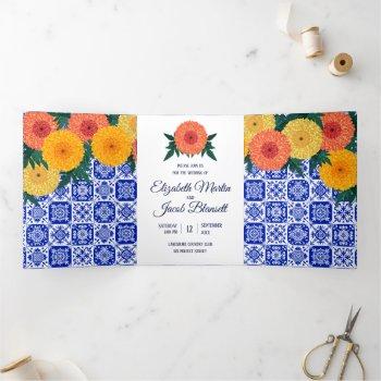 mexican tile marigolds wedding tri-fold invitation