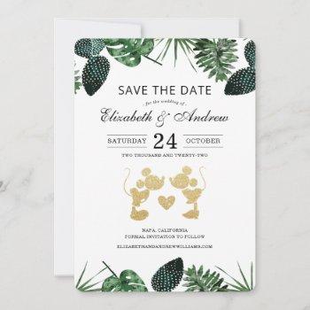 Small Mickey & Minnie Tropical Glitter Save The Date Front View