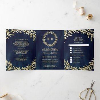 midnight blue gold leaf branch all in one wedding tri-fold invitation