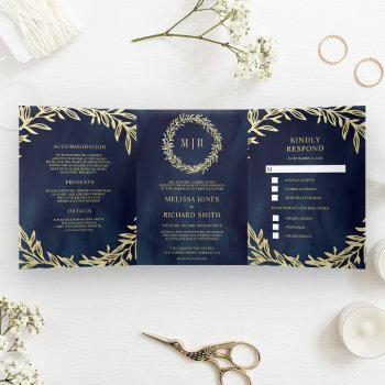 Small Midnight Blue Gold Leaf Branch All In One Wedding Tri-fold Front View