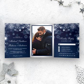 midnight blue winter wonderland snowflakes wedding tri-fold invitation
