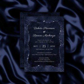midnight navy romance | blue satiny grunge damask invitation