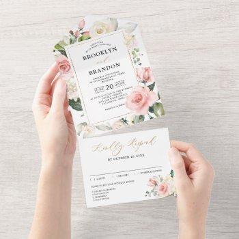 midsummer peach pastel pink floral wedding all in one invitation