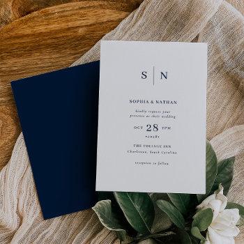 minimal and chic | white with navy blue wedding invitation
