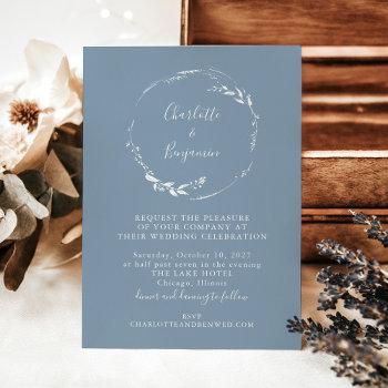 minimal dusty blue floral wreath script wedding invitation