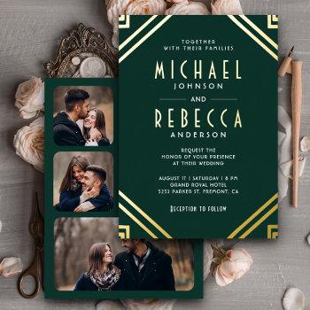 minimal geometric art deco wedding emerald gold foil invitation