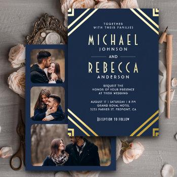 minimal geometric art deco wedding navy blue gold foil invitation