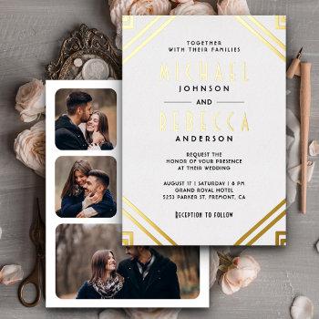 minimal geometric art deco wedding white gold foil invitation