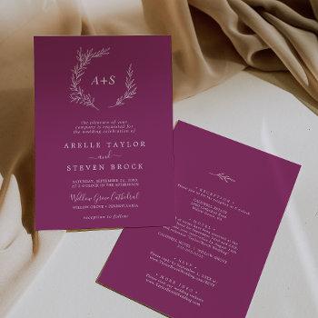 minimal leaf | berry purple all in one wedding invitation