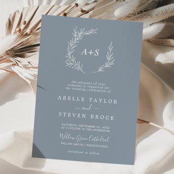 minimal leaf blue & white formal monogram wedding invitation