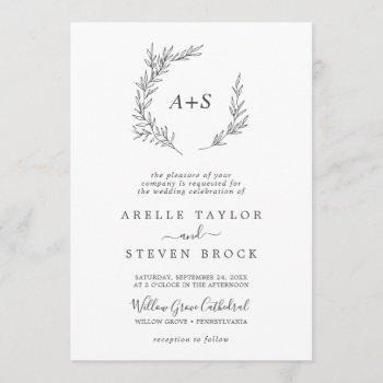 minimal leaf | dark gray formal monogram wedding invitation