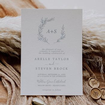 minimal leaf | dusty blue formal monogram wedding invitation
