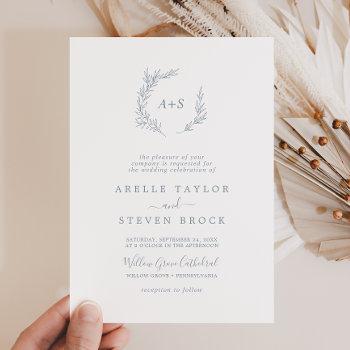 minimal leaf | dusty blue small monogram wedding invitation